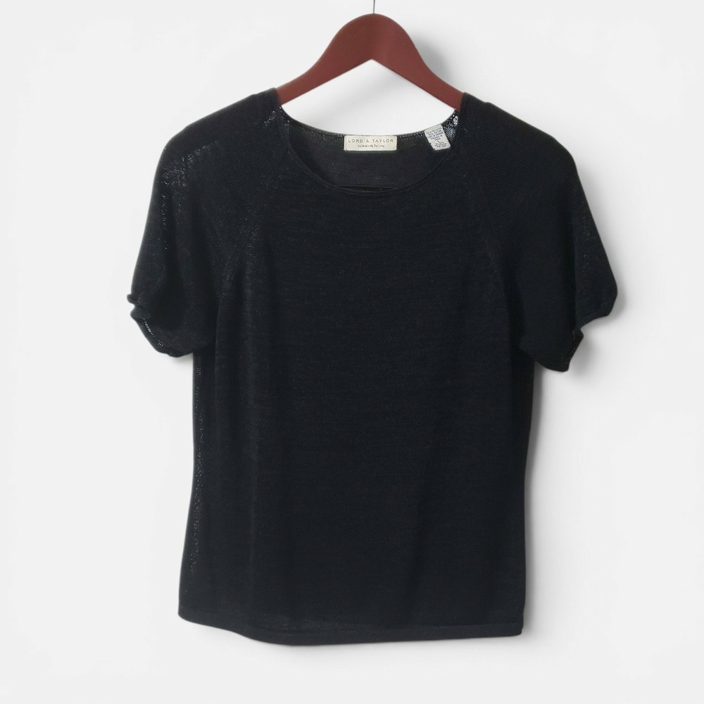 VTG Lord & Taylor Womens Black Open Knit Mesh Raglan Top Size Large